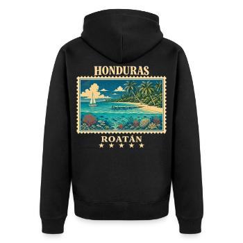 Honduras Roatán Vintage Reisemarke - Unisex Premium Bio Zip Hoodie - Schwarz - Hinten - Nico (187cm)