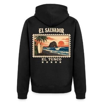 El Salvador El Tunco Vintage Reisemarke - Unisex Premium Bio Zip Hoodie - Schwarz - Hinten - Nico (187cm)