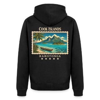 Marque de voyage vintage Rarotonga des Îles Cook - Veste à capuche bio Premium Unisexe - noir - Dos - Nico (187cm)