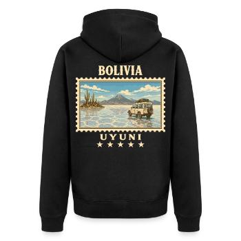 Bolivien Uyuni Vintage Reisemarke - Unisex Premium Bio Zip Hoodie - Schwarz - Hinten - Nico (187cm)