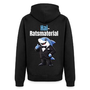 Certified Hairatsmaterial | Lustiger Hai Wortwitz - Unisex Premium Bio Zip Hoodie - Schwarz - Hinten - Nico (187cm)