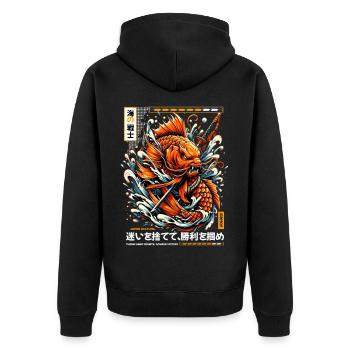 Koi Warrior Achieve Victory - Unisex Premium Bio Zip Hoodie - Schwarz - Hinten - Nico (187cm)