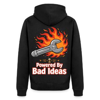 Powered By Bad Ideas Schraubenschlüssel - Unisex Premium Bio Zip Hoodie - Schwarz - Hinten - Nico (187cm)