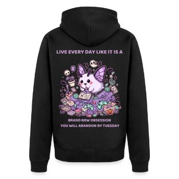 Brandneue Obsession bis Dienstag aufgegeben - Unisex Premium Bio Zip Hoodie - Schwarz - Hinten - Nico (187cm)