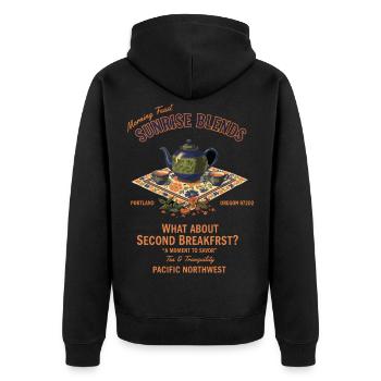 Frühstück, Brunch, Kaffee, zweite Pause, Sonnenaufgang - Unisex Premium Bio Zip Hoodie - Schwarz - Hinten - Nico (187cm)