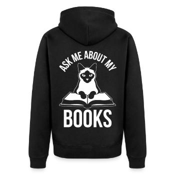 Lustiges Katzen Design Ask Me About My Books - Unisex Premium Bio Zip Hoodie - Schwarz - Hinten - Nico (187cm)