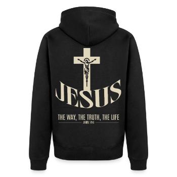 Jesus: The Way, The Truth, The Life - Unisex Premium Bio Zip Hoodie - Schwarz - Hinten - Nico (187cm)
