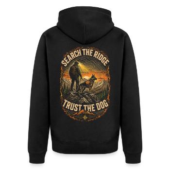 Rettungsteam Search The Ridge Trust The Dog - Unisex Premium Bio Zip Hoodie - Schwarz - Hinten - Nico (187cm)