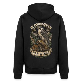 Falknerei Falkner My Hunting Partner Has Wings - Unisex Premium Bio Zip Hoodie - Schwarz - Hinten - Nico (187cm)