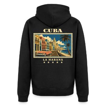 Kuba La Habana Vintage Reisemarke - Unisex Premium Bio Zip Hoodie - Schwarz - Hinten - Nico (187cm)