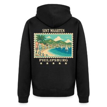 Sint Maarten Philipsburg Vintage Reisemarke - Unisex Premium Bio Zip Hoodie - Schwarz - Hinten - Nico (187cm)