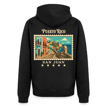 Puerto Rico San Juan Vintage Reisemarke - Unisex Premium Bio Zip Hoodie - Schwarz - Hinten - Nico (187cm)