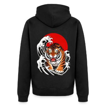 Tiger in roten Wellen - Unisex Premium Bio Zip Hoodie - Schwarz - Hinten - Nico (187cm)