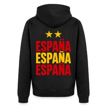 Spanien Schriftzug in Nationalfarben - Unisex Premium Bio Zip Hoodie - Schwarz - Hinten - Nico (187cm)