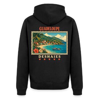 Guadeloupe Deshaies Vintage Reisemarke - Unisex Premium Bio Zip Hoodie - Schwarz - Hinten - Nico (187cm)