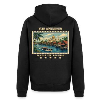 Brunei Bandar Seri Begawan Vintage Reisemarke - Unisex Premium Bio Zip Hoodie - Schwarz - Hinten - Nico (187cm)