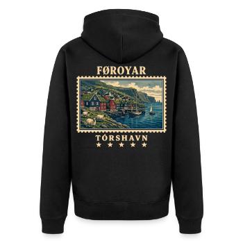 Färöer Tórshavn Vintage Reisemarke - Unisex Premium Bio Zip Hoodie - Schwarz - Hinten - Nico (187cm)