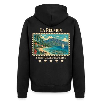 La Réunion Saint-Gilles Vintage Reisemarke - Unisex Premium Bio Zip Hoodie - Schwarz - Hinten - Nico (187cm)