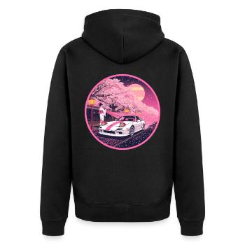 Retro 90er JDM Roadster Geisha Sakura Emblem - Unisex Premium Bio Zip Hoodie - Schwarz - Hinten - Nico (187cm)