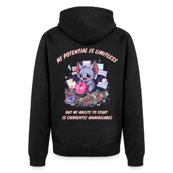 My Ability to Start Is Unavailable - Unisex Premium Organic Zip Hoodie - black - Back - Nico (187cm)
