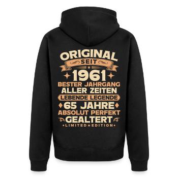 Original 1961 Jahrgang Legende 65. Geburtstag - Unisex Premium Bio Zip Hoodie - Schwarz - Hinten - Nico (187cm)