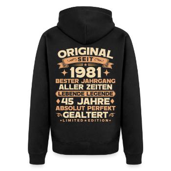 Original 1981 Jahrgang Legende 45. Geburtstag - Unisex Premium Bio Zip Hoodie - Schwarz - Hinten - Nico (187cm)