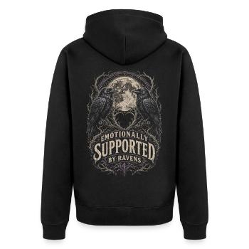 Rabe Raben Emotionally Supportet By Ravens - Unisex Premium Bio Zip Hoodie - Schwarz - Hinten - Nico (187cm)