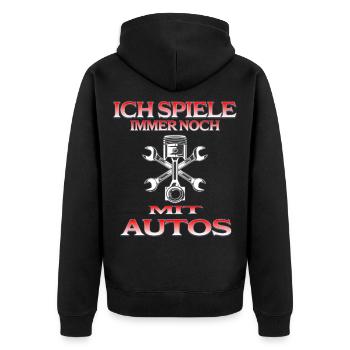 Auto Shirt – Ich spiele immer noch mit Autos - Unisex Premium Bio Zip Hoodie - Schwarz - Hinten - Nico (187cm)