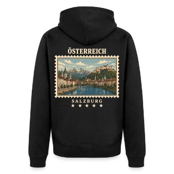 Österreich Salzburg Vintage Reisemarke - Unisex Premium Bio Zip Hoodie - Schwarz - Hinten - Nico (187cm)