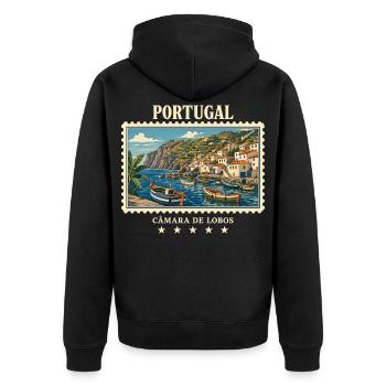 Portugal Câmara de Lobos Vintage Reisemarke - Unisex Premium Bio Zip Hoodie - Schwarz - Hinten - Nico (187cm)