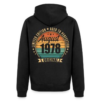 Vintage August 1978 Jubiläums-Limited Edition - Unisex Premium Bio Zip Hoodie - Schwarz - Hinten - Nico (187cm)