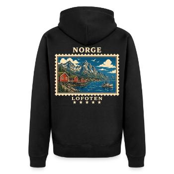 Norwegen Lofoten Vintage Reisemarke - Unisex Premium Bio Zip Hoodie - Schwarz - Hinten - Nico (187cm)