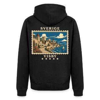 Schweden Visby Vintage Reisemarke - Unisex Premium Bio Zip Hoodie - Schwarz - Hinten - Nico (187cm)