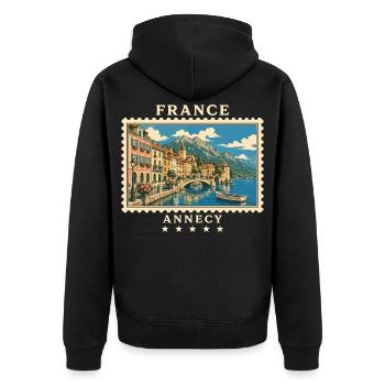 Frankreich Annecy Vintage Reisemarke - Unisex Premium Bio Zip Hoodie - Schwarz - Hinten - Nico (187cm)