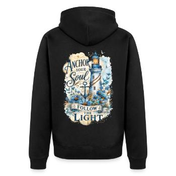 Ancre ton âme – Aquarelle de phare - Veste à capuche bio Premium Unisexe - noir - Dos - Nico (187cm)
