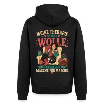 Meine Therapie heißt Wolle – Stricken & Häkeln - Unisex Premium Bio Zip Hoodie - Schwarz - Hinten - Nico (187cm)
