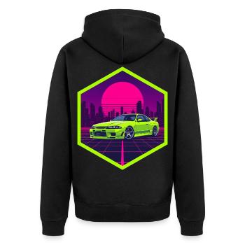 90er Synthwave R32 Limettengrüner JDM Neon Hex-Aufkleber - Unisex Premium Bio Zip Hoodie - Schwarz - Hinten - Nico (187cm)