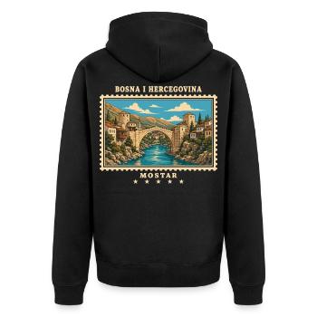 Bosnien und Herzegowina Mostar Vintage Reisemarke - Unisex Premium Bio Zip Hoodie - Schwarz - Hinten - Nico (187cm)