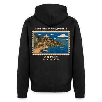 Nordmazedonien Ohrid Vintage Reisemarke - Unisex Premium Bio Zip Hoodie - Schwarz - Hinten - Nico (187cm)