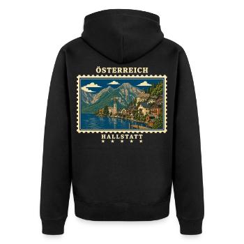 Österreich Hallstatt Vintage Reisemarke - Unisex Premium Bio Zip Hoodie - Schwarz - Hinten - Nico (187cm)
