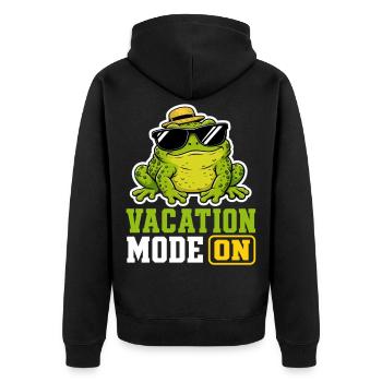 Vacation Mode On Frosch Spruch T-Shirt Lustig - Unisex Premium Bio Zip Hoodie - Schwarz - Hinten - Nico (187cm)
