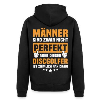 Lustige Discgolfer Sprüche - Unisex Premium Bio Zip Hoodie - Schwarz - Hinten - Nico (187cm)
