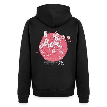 Ephemeral Blossom: Japanese Sakura - Unisex Premium Bio Zip Hoodie - Schwarz - Hinten - Nico (187cm)