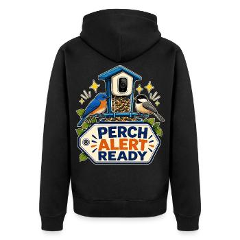 PERCH ALERT READY - Unisex Premium Bio Zip Hoodie - Schwarz - Hinten - Nico (187cm)