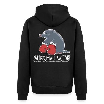 Aufs Maulwurf – Lustiges Cartoon Shirt - Unisex Premium Bio Zip Hoodie - Schwarz - Hinten - Nico (187cm)