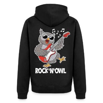 Rock N’Owl – Owl avec guitare électrique - Veste à capuche bio Premium Unisexe - noir - Dos - Nico (187cm)