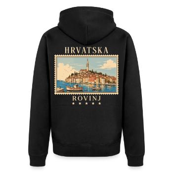 Kroatien Rovinj Vintage Reisemarke - Unisex Premium Bio Zip Hoodie - Schwarz - Hinten - Nico (187cm)