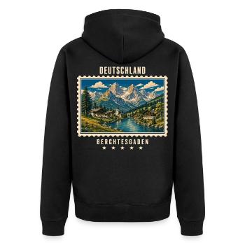 Deutschland Berchtesgaden Vintage Reisemarke - Unisex Premium Bio Zip Hoodie - Schwarz - Hinten - Nico (187cm)