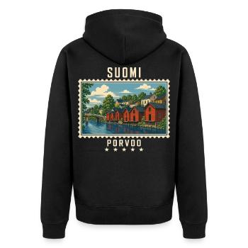 Finnland Porvoo Vintage Reisemarke - Unisex Premium Bio Zip Hoodie - Schwarz - Hinten - Nico (187cm)