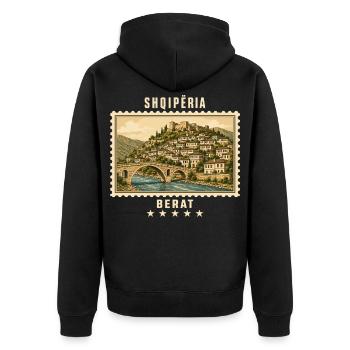 Albanien Berat Vintage Reisemarke - Unisex Premium Bio Zip Hoodie - Schwarz - Hinten - Nico (187cm)
